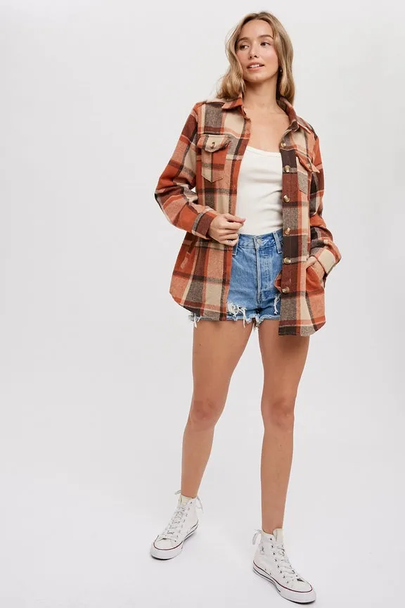 Flannel Taupe Plaid Shacket with Pockets