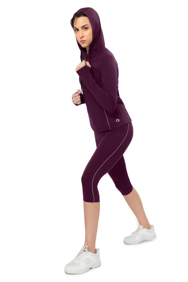 Flaunt Hoodie Full Sleeve Active Jacket - Blackberry Wine