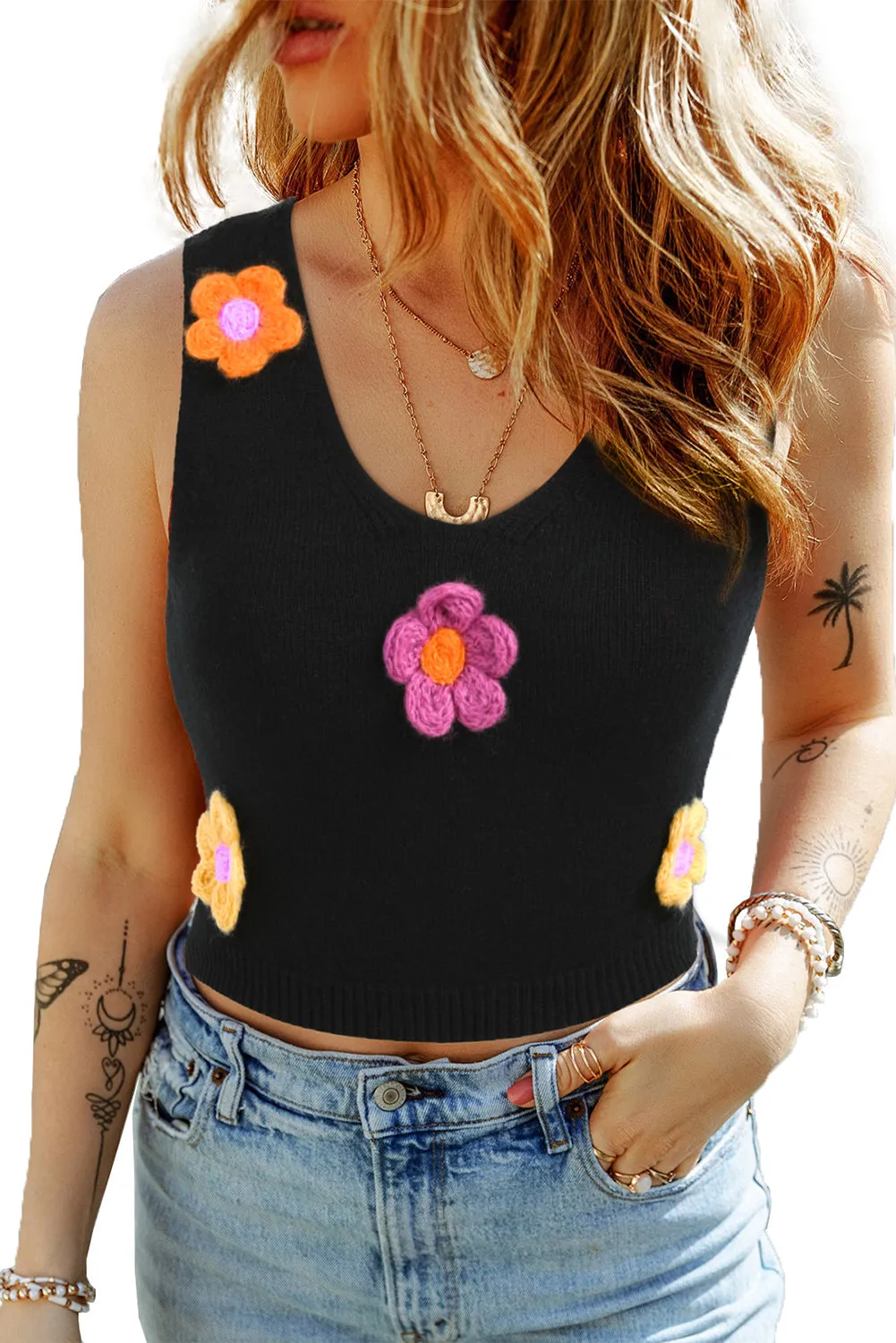 Flower Decor Cropped Sweater Vest