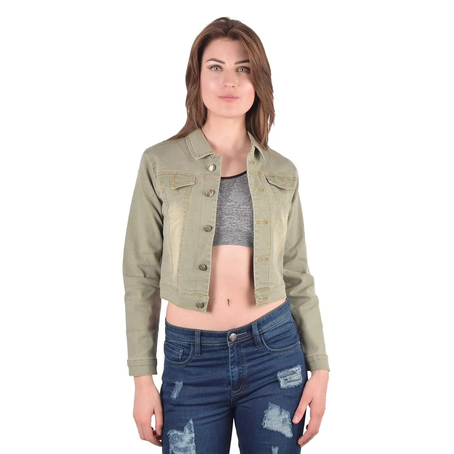 Full Sleeve Front Flap Pockets Slim Fit Cropped Denim Jacket