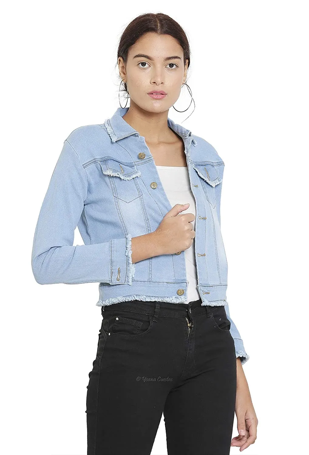 Full Sleeve Front Flap Pockets Slim Fit Cropped Denim Jacket