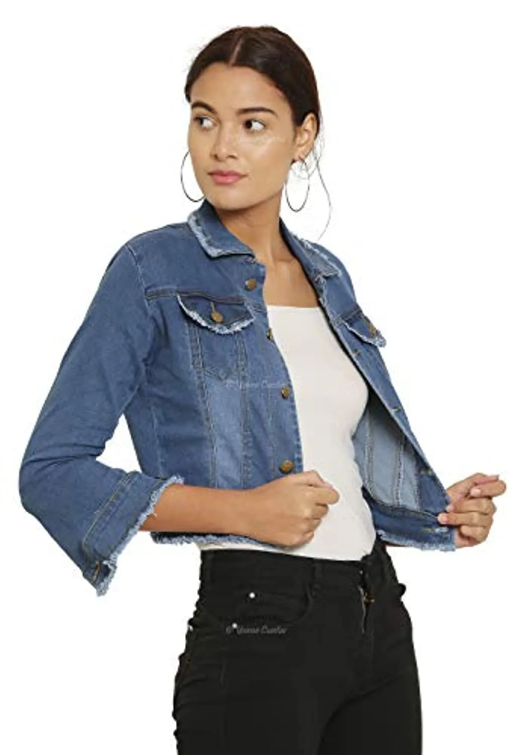 Full Sleeve Front Flap Pockets Slim Fit Cropped Denim Jacket