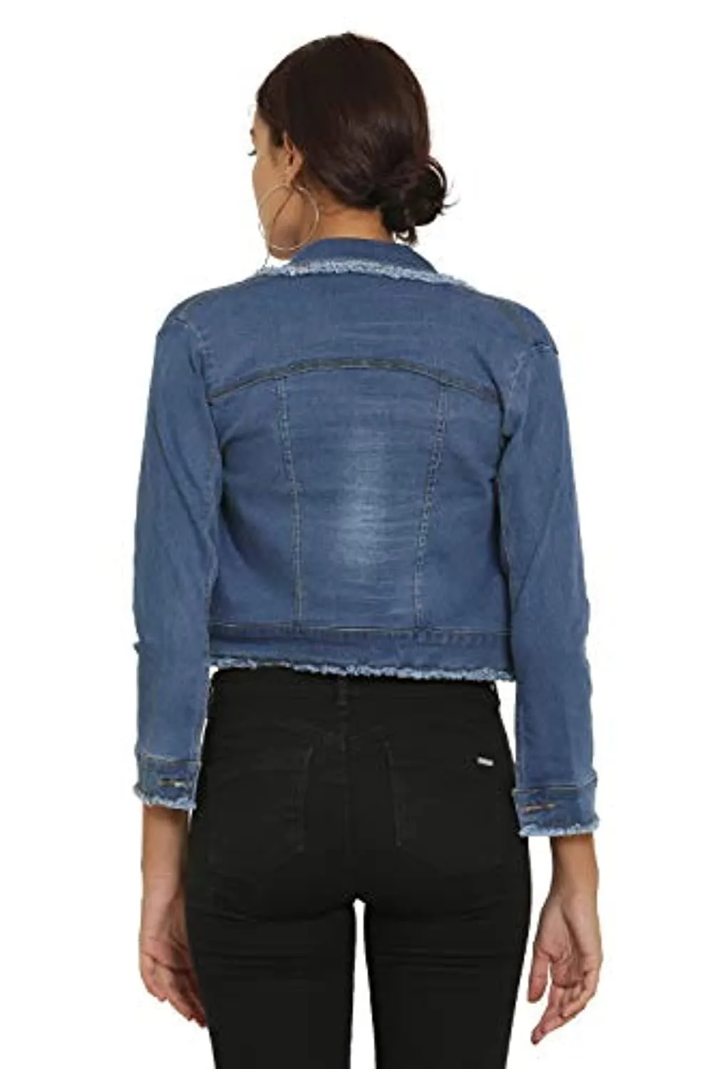 Full Sleeve Front Flap Pockets Slim Fit Cropped Denim Jacket