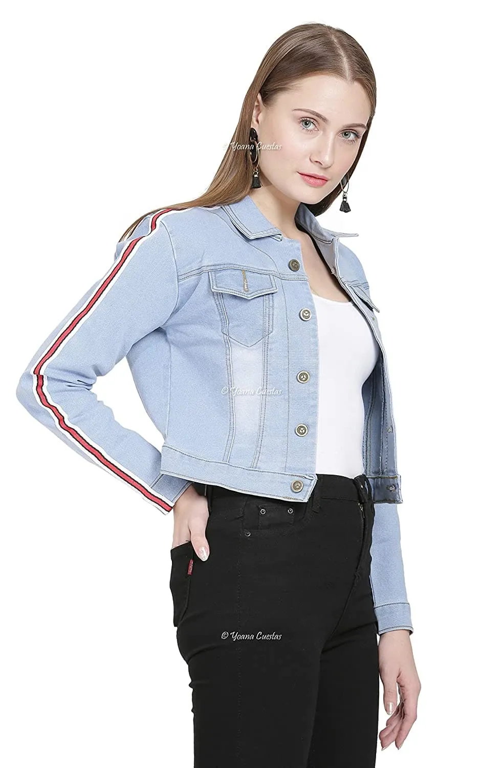 Full Sleeve Front Flap Pockets Slim Fit Cropped Denim Jacket