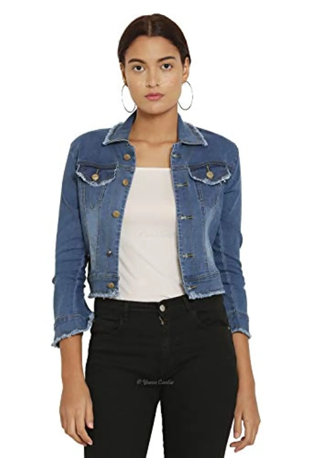 Full Sleeve Front Flap Pockets Slim Fit Cropped Denim Jacket