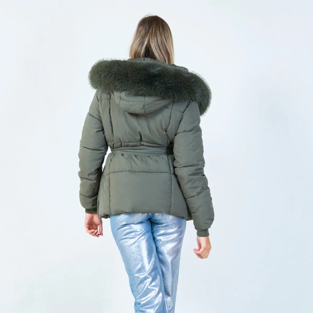 Fur-trimmed belted hooded jacket wholesale