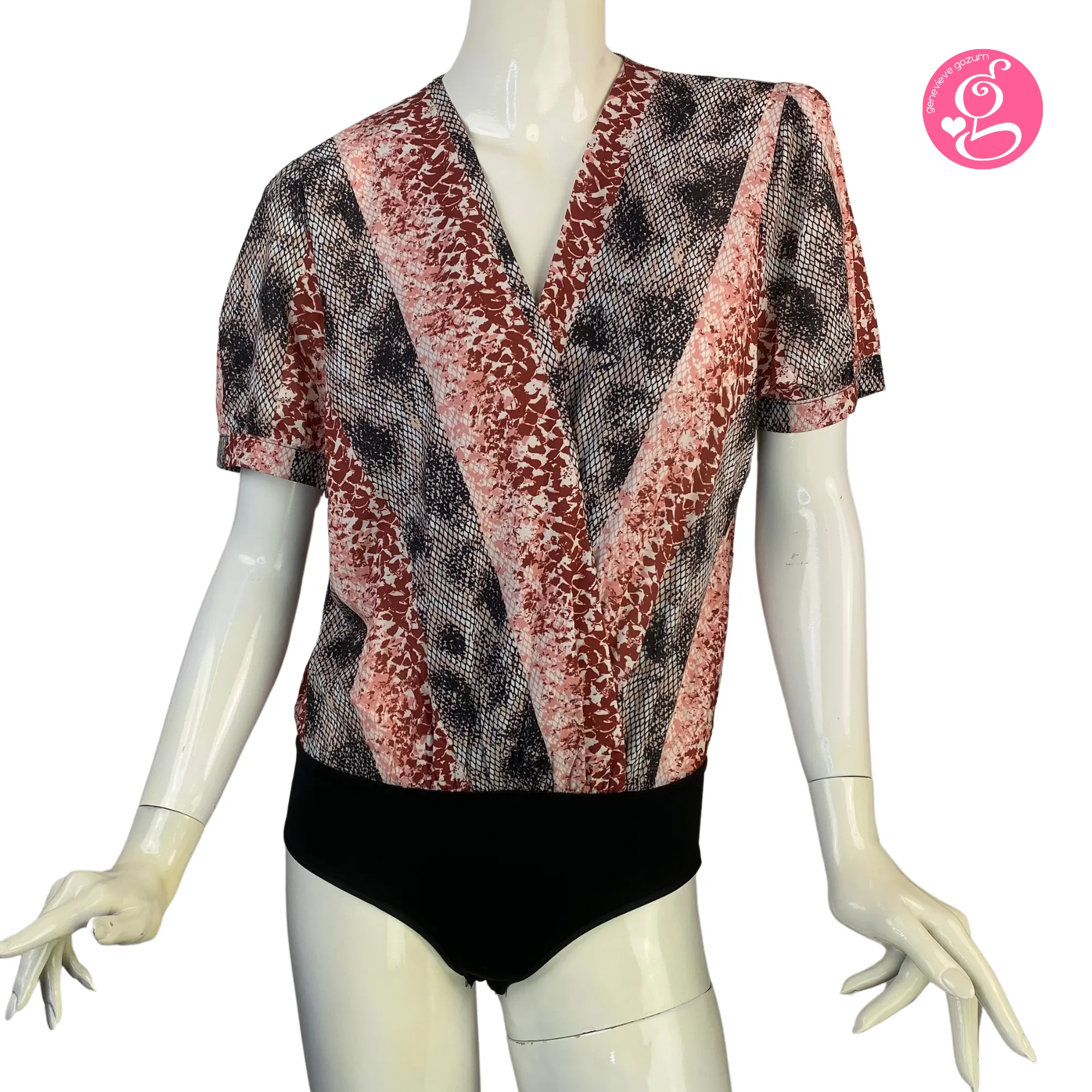 Genevieve Gozum Chiffon Snakeskin Print Overlap Bodysuit