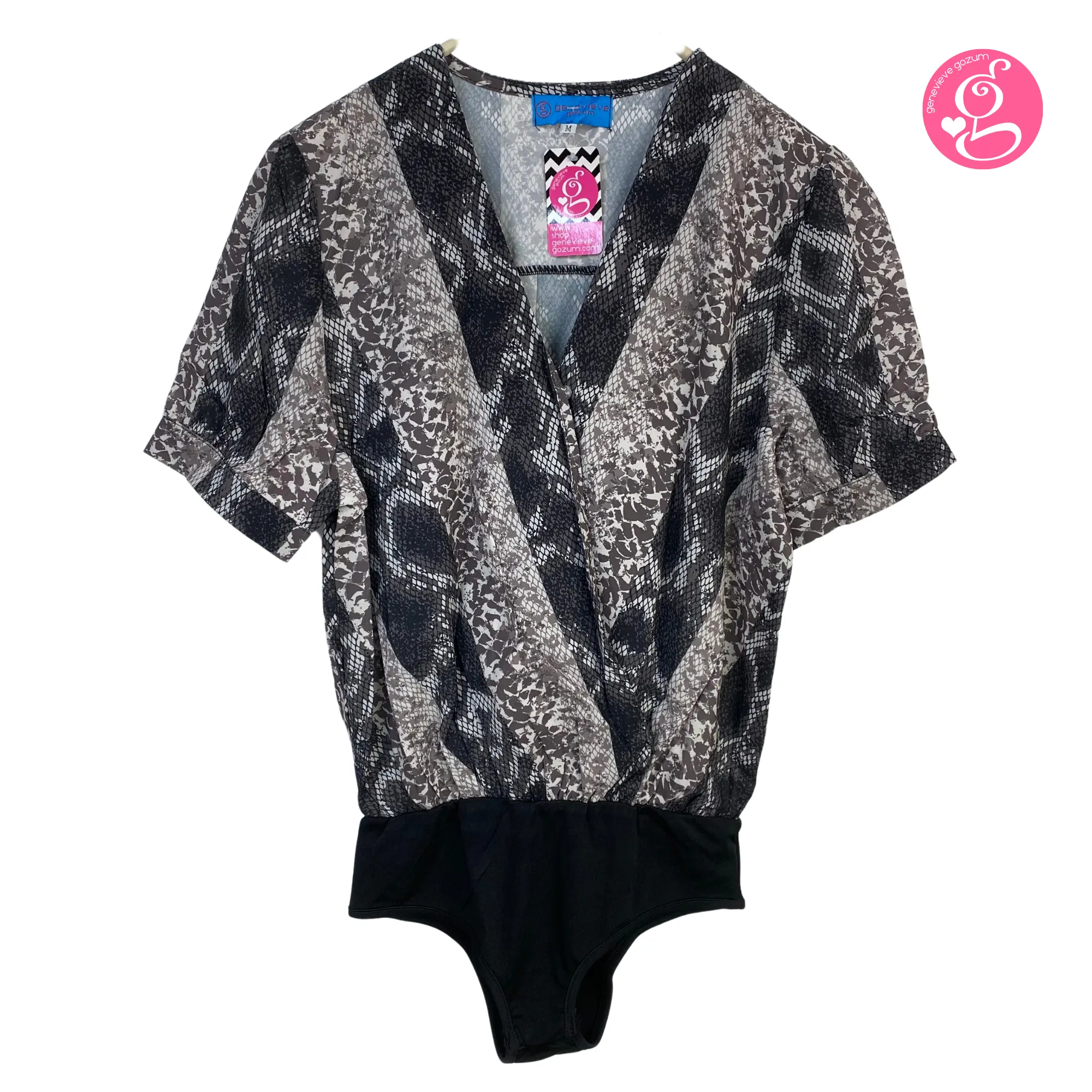 Genevieve Gozum Chiffon Snakeskin Print Overlap Bodysuit