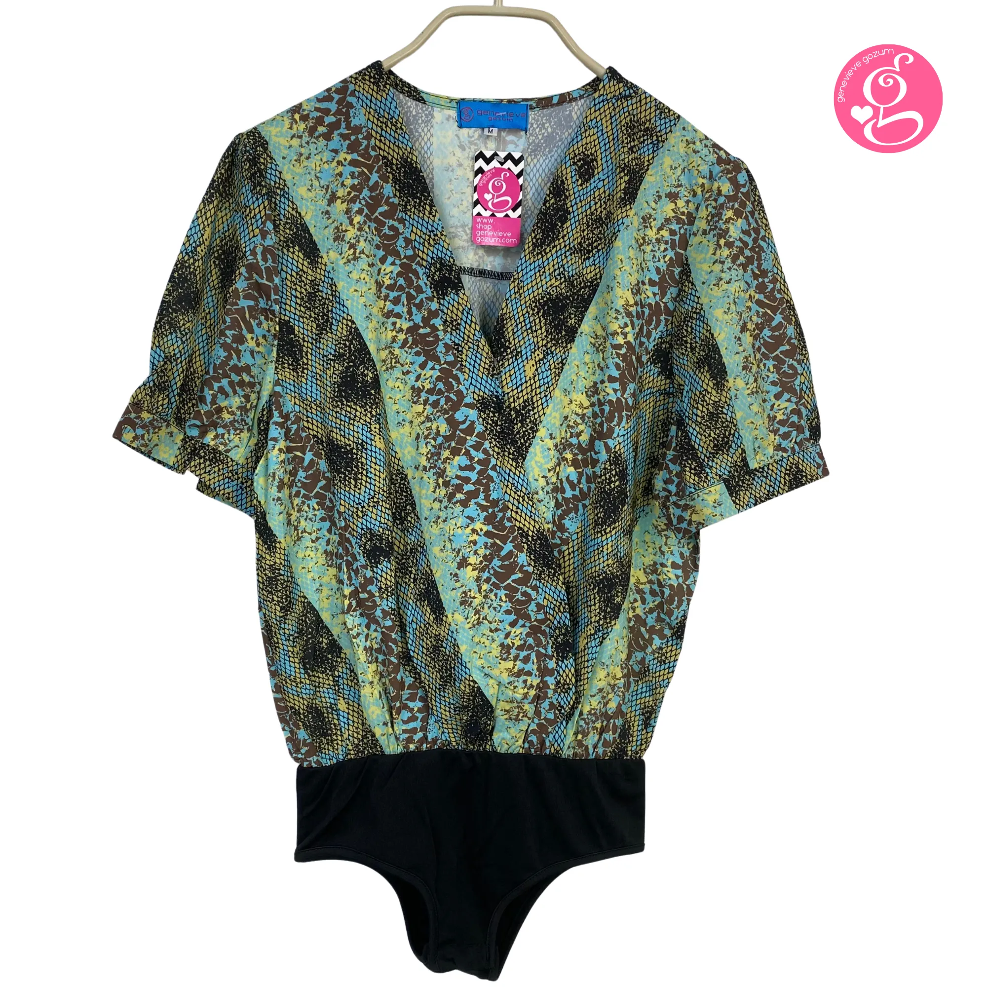 Genevieve Gozum Chiffon Snakeskin Print Overlap Bodysuit