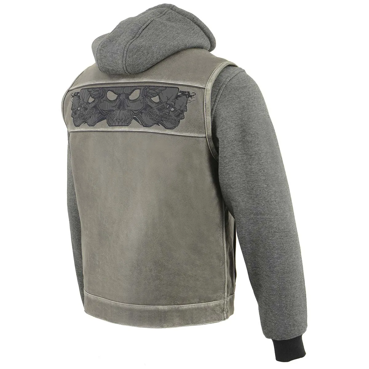 GREY SKULL MLM3562 Men's Leather Vest w/ Removeable Hoodie - Distress Grey Reflective Skulls Motorcycle Vest