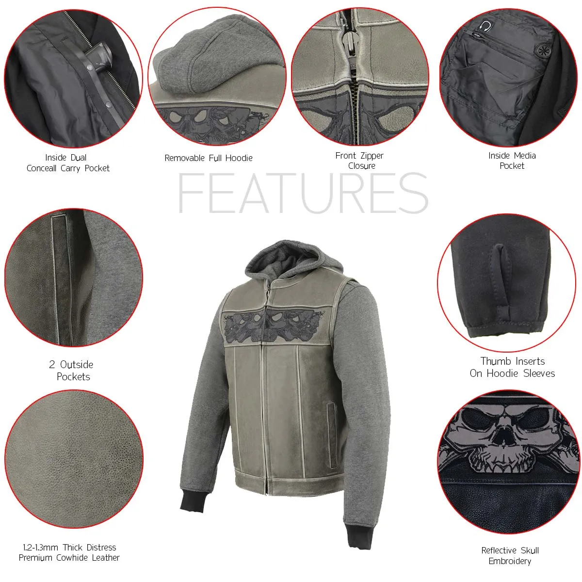 GREY SKULL MLM3562 Men's Leather Vest w/ Removeable Hoodie - Distress Grey Reflective Skulls Motorcycle Vest