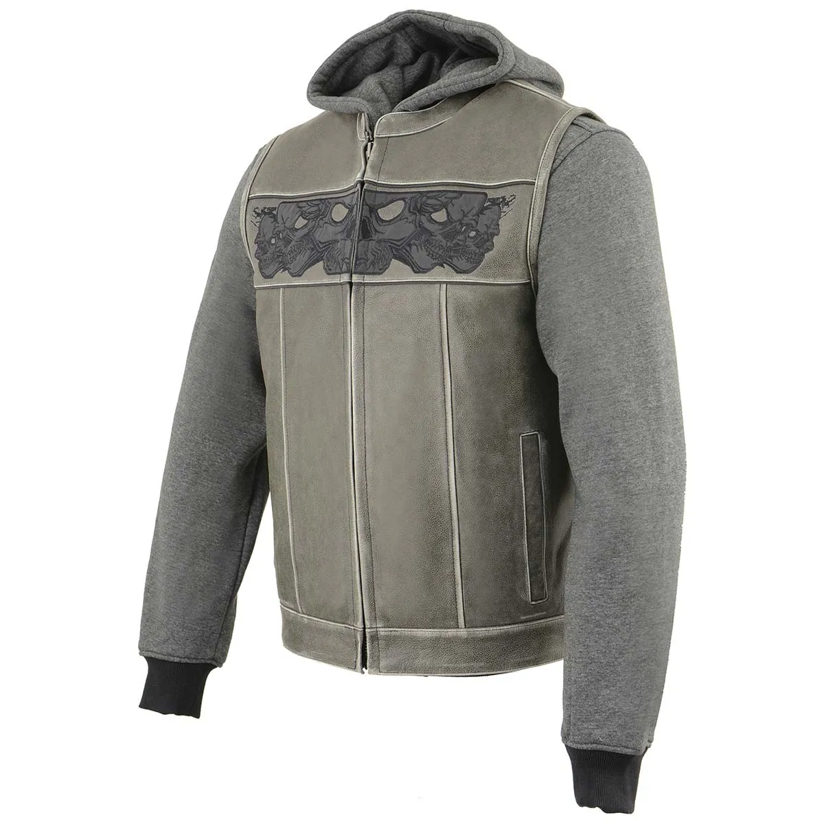 GREY SKULL MLM3562 Men's Leather Vest w/ Removeable Hoodie - Distress Grey Reflective Skulls Motorcycle Vest