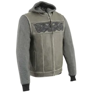 GREY SKULL MLM3562 Men's Leather Vest w/ Removeable Hoodie - Distress Grey Reflective Skulls Motorcycle Vest