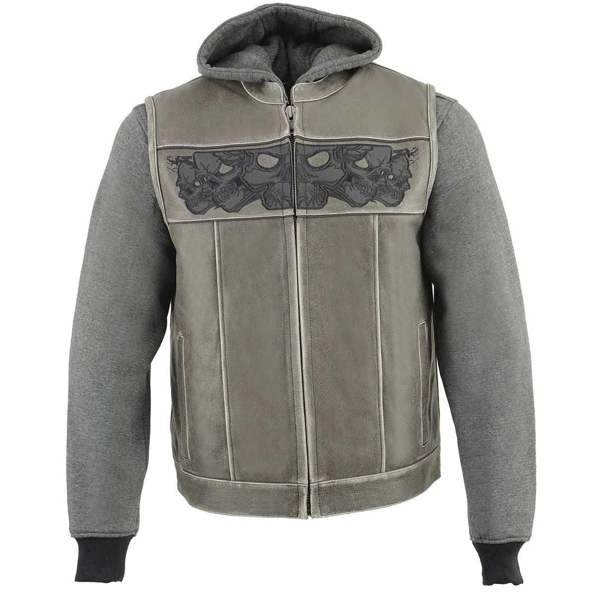 GREY SKULL MLM3562 Men's Leather Vest w/ Removeable Hoodie - Distress Grey Reflective Skulls Motorcycle Vest