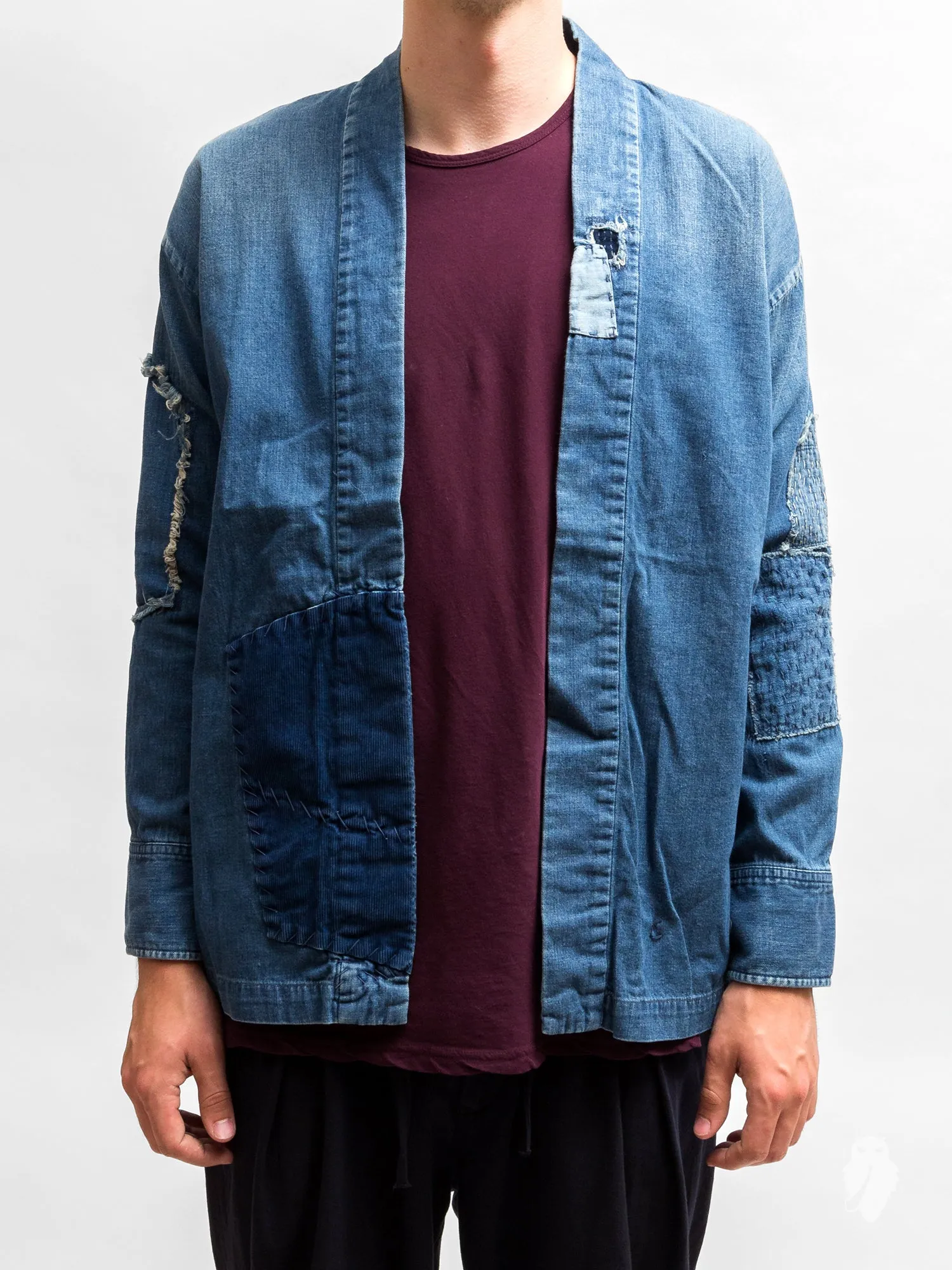 Haori Western Denim Shirt in Indigo Boro Repair