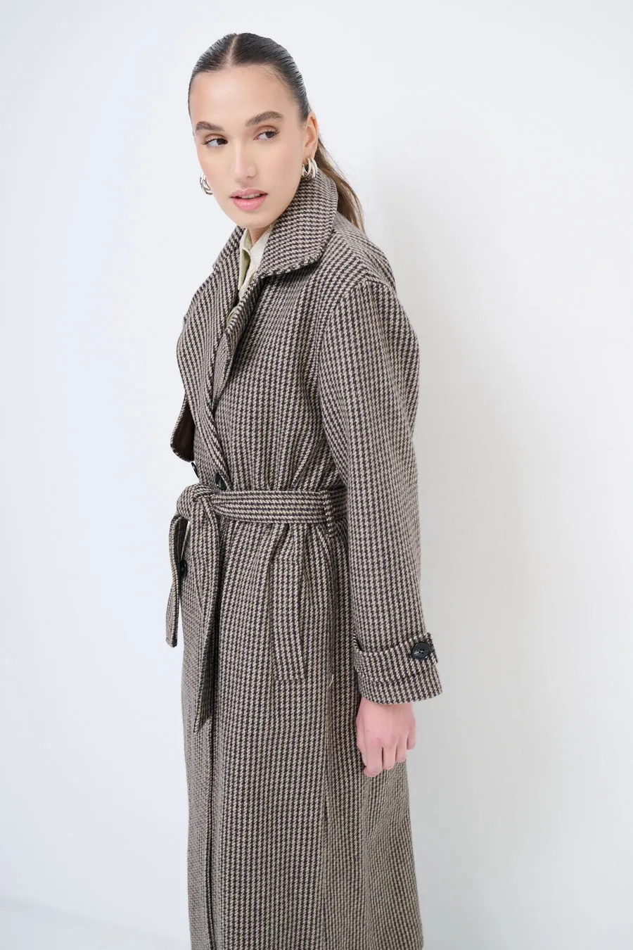 Houndstooth trench coat with belted waist wholesale