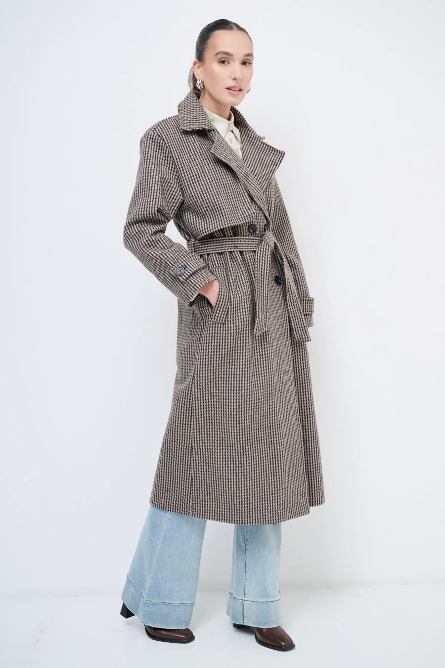 Houndstooth trench coat with belted waist wholesale