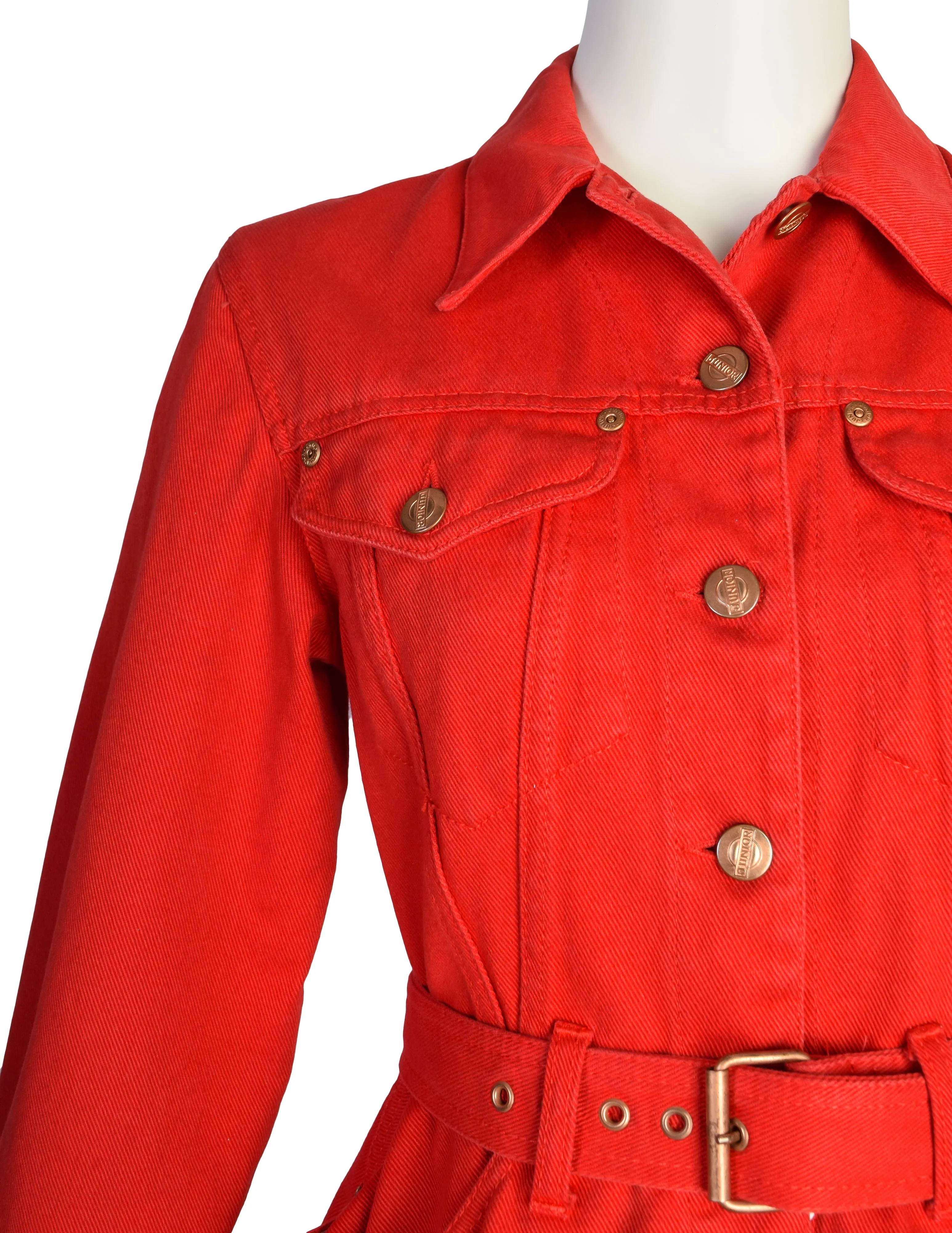 Jean Paul Gaultier SS 1992 Junior Gaultier Red Denim Flared Peplum Jacket