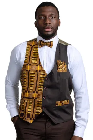 Kadir African Print Kente Men's Fit Suit Vest (Brown & Gold)