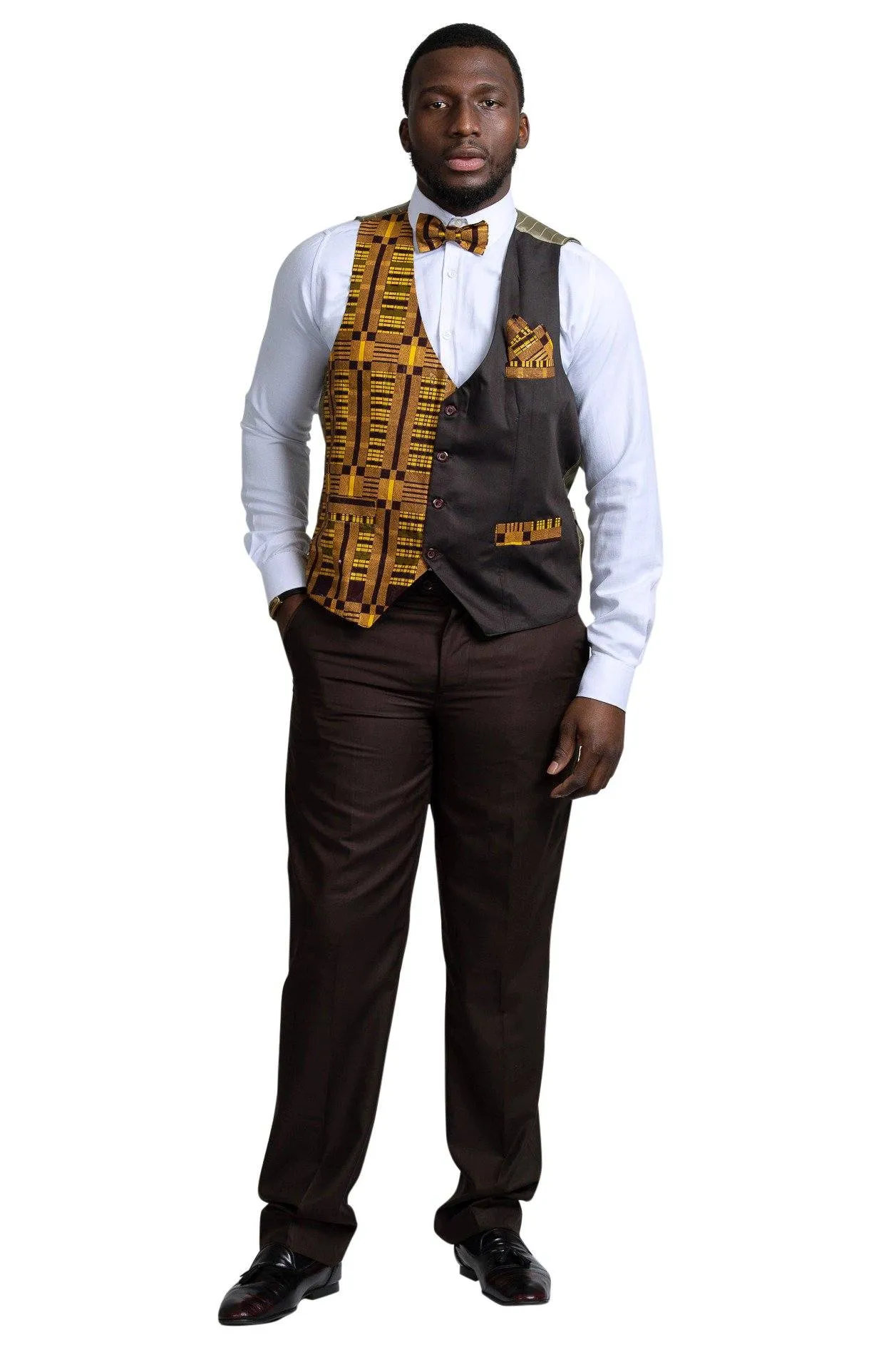 Kadir African Print Kente Men's Fit Suit Vest (Brown & Gold)