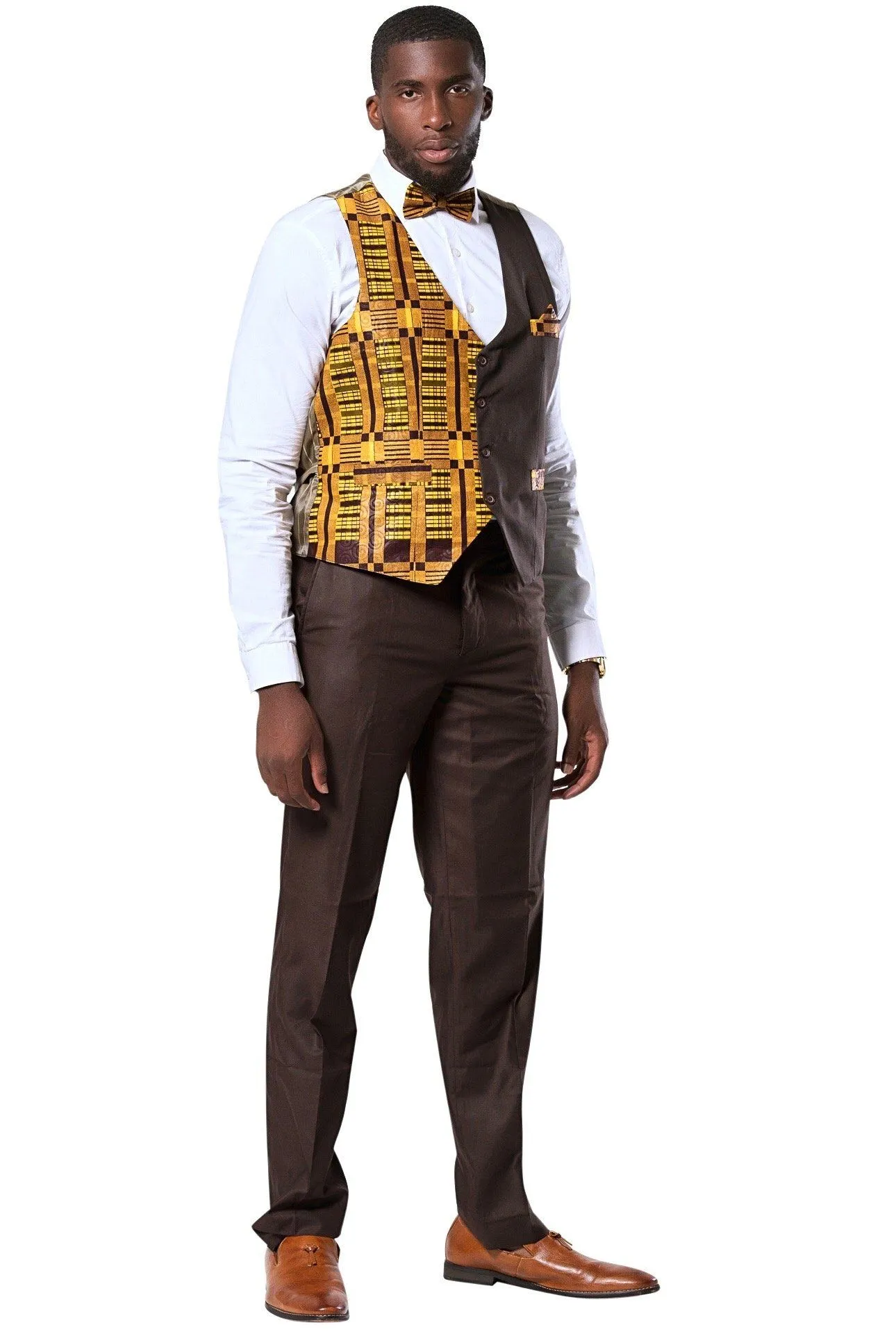 Kadir African Print Kente Men's Fit Suit Vest (Brown & Gold)