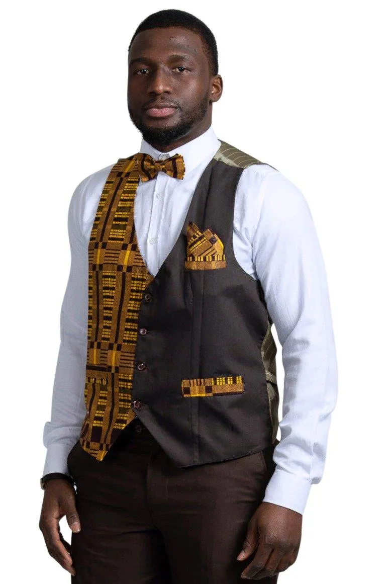 Kadir African Print Kente Men's Fit Suit Vest (Brown & Gold)