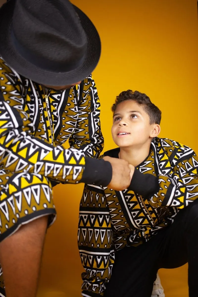 Kids African Bomber Jacket In Earthy Tones Mud Cloth