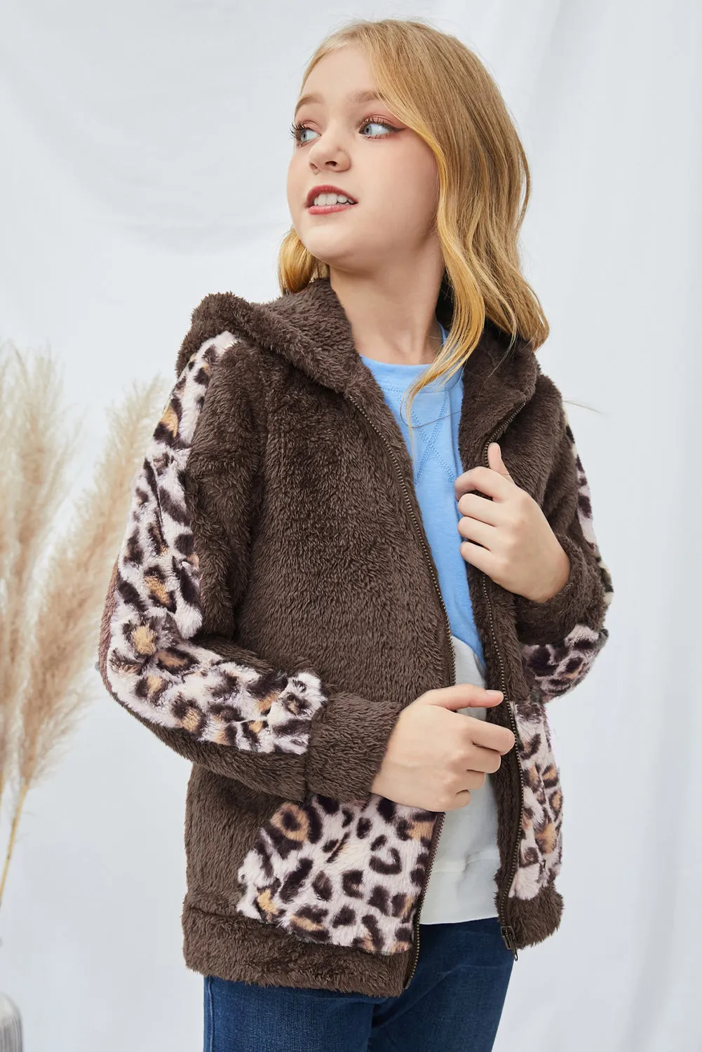 Kids Leopard Zip-Up Hooded Jacket with Pockets