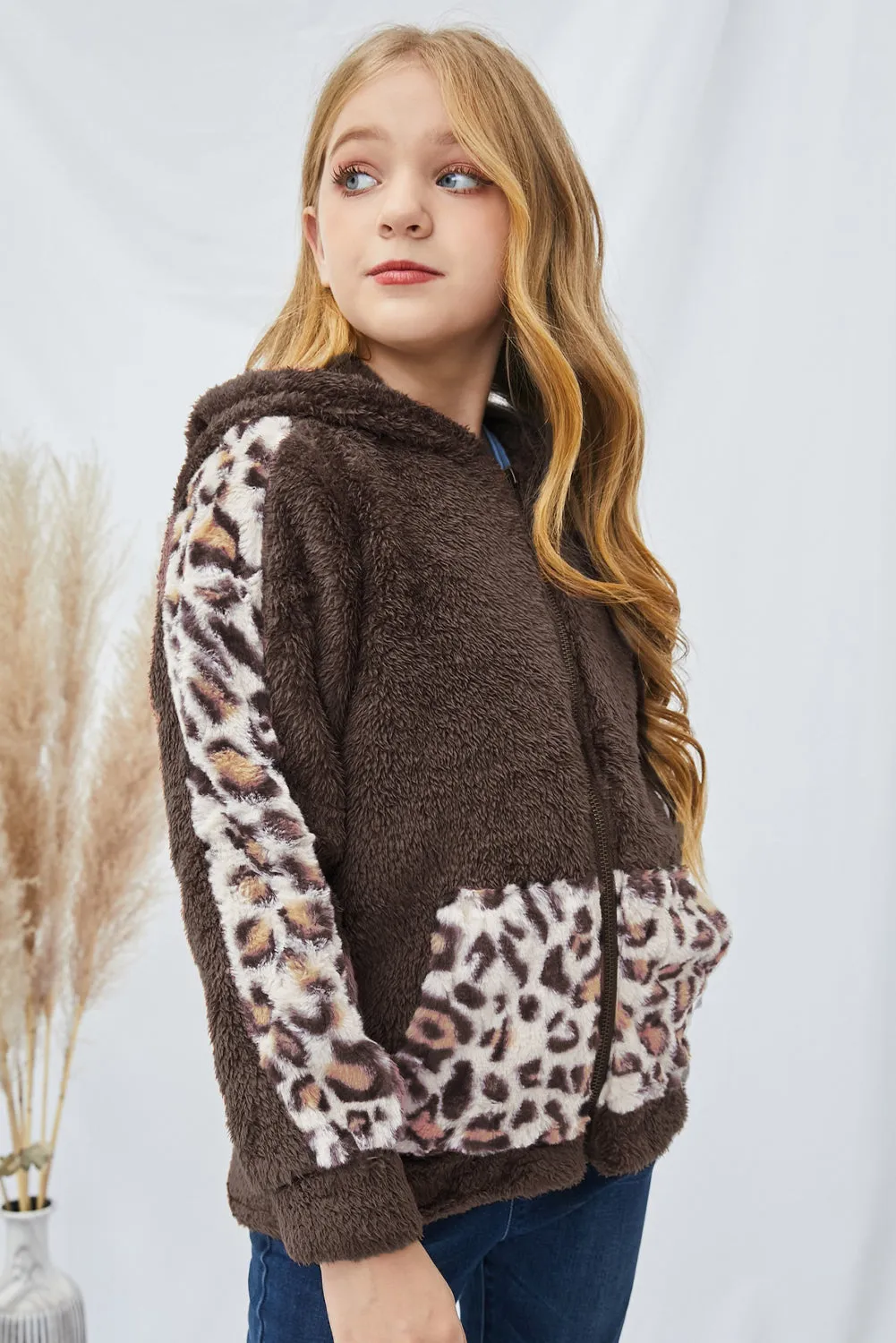 Kids Leopard Zip-Up Hooded Jacket with Pockets