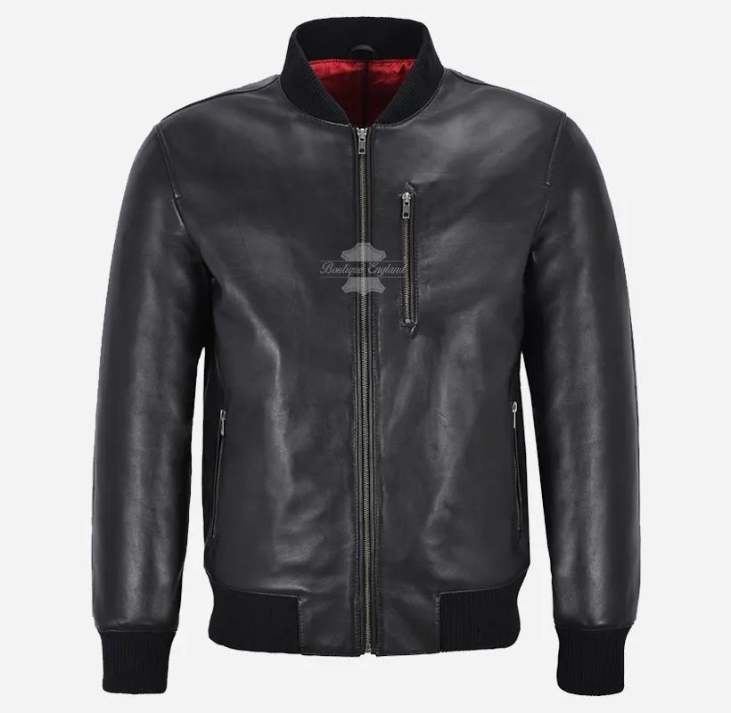 LIAM Mens Leather MA-1 Bomber Jacket Black