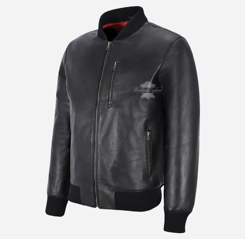 LIAM Mens Leather MA-1 Bomber Jacket Black