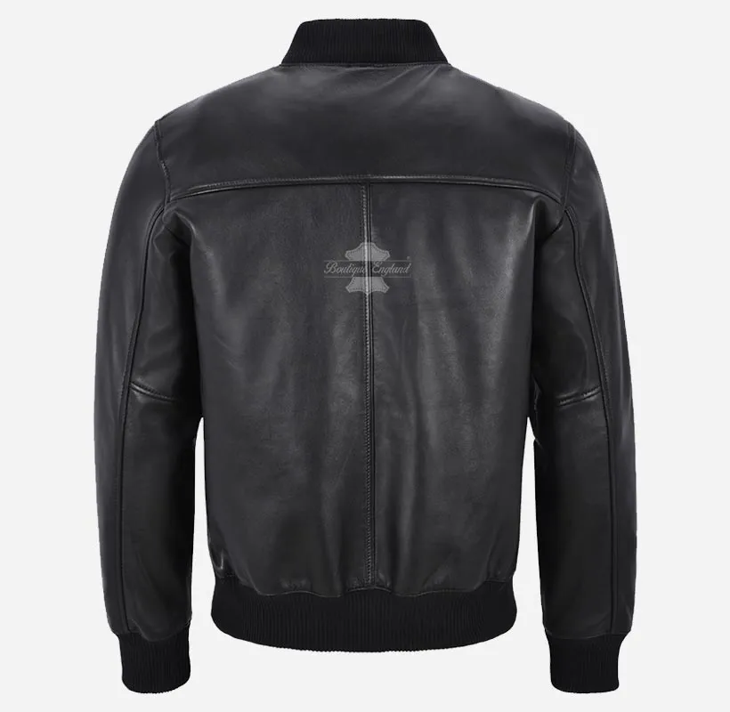 LIAM Mens Leather MA-1 Bomber Jacket Black