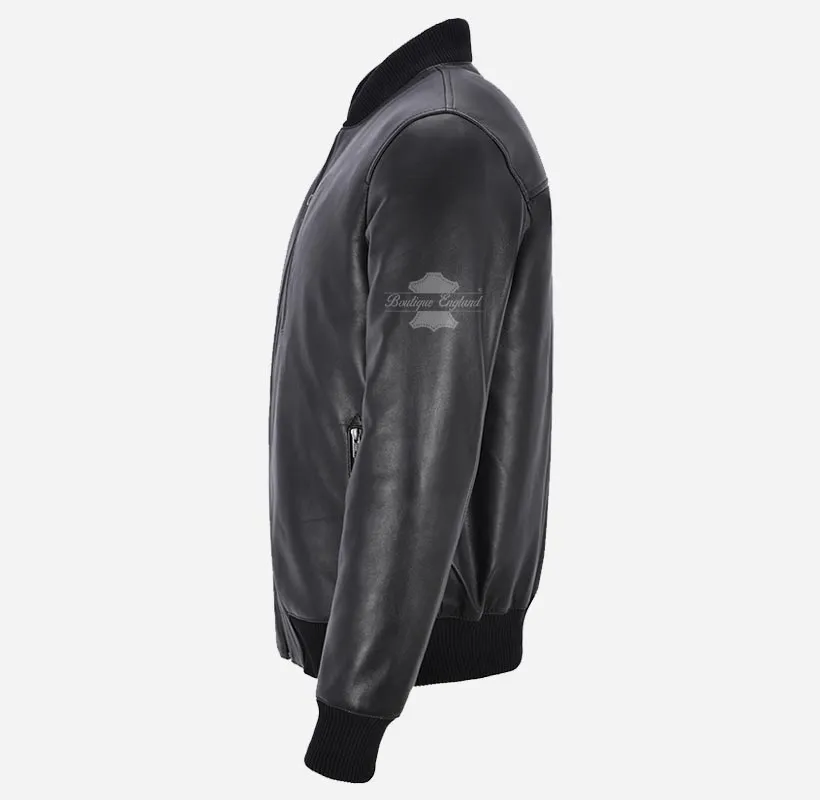 LIAM Mens Leather MA-1 Bomber Jacket Black