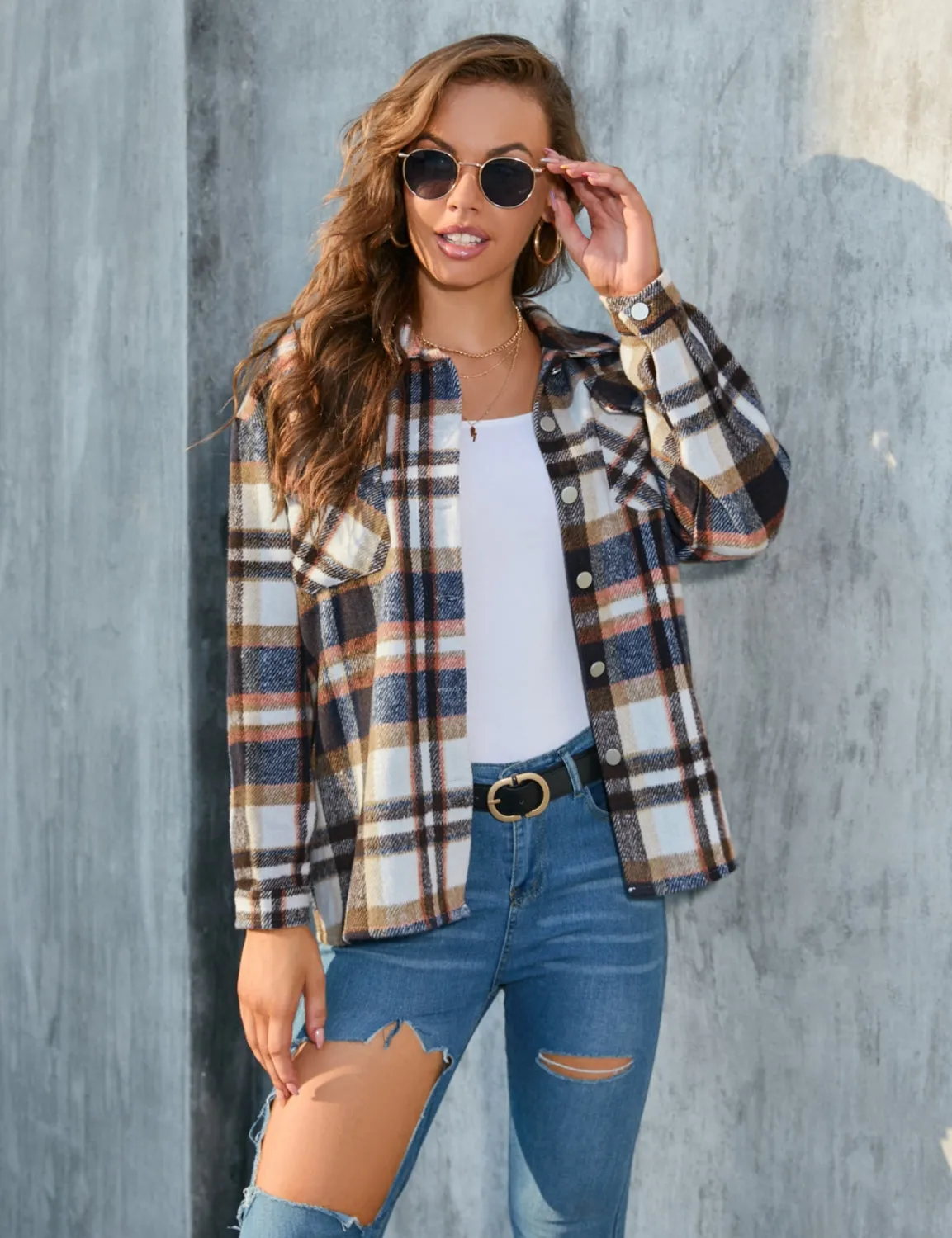 Long Sleeve Plaid Button Shirt Coat