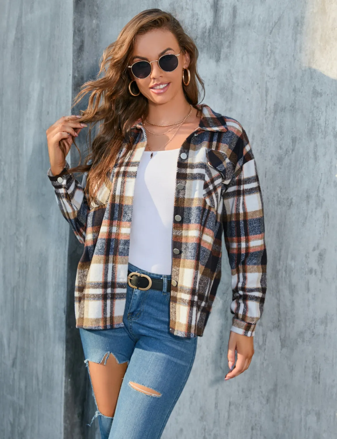 Long Sleeve Plaid Button Shirt Coat