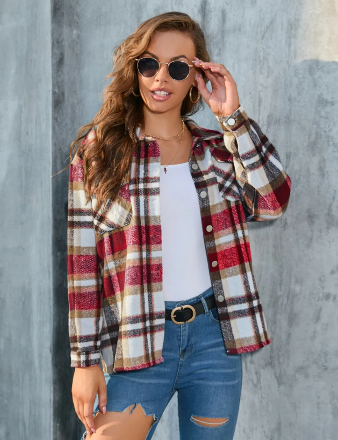 Long Sleeve Plaid Button Shirt Coat