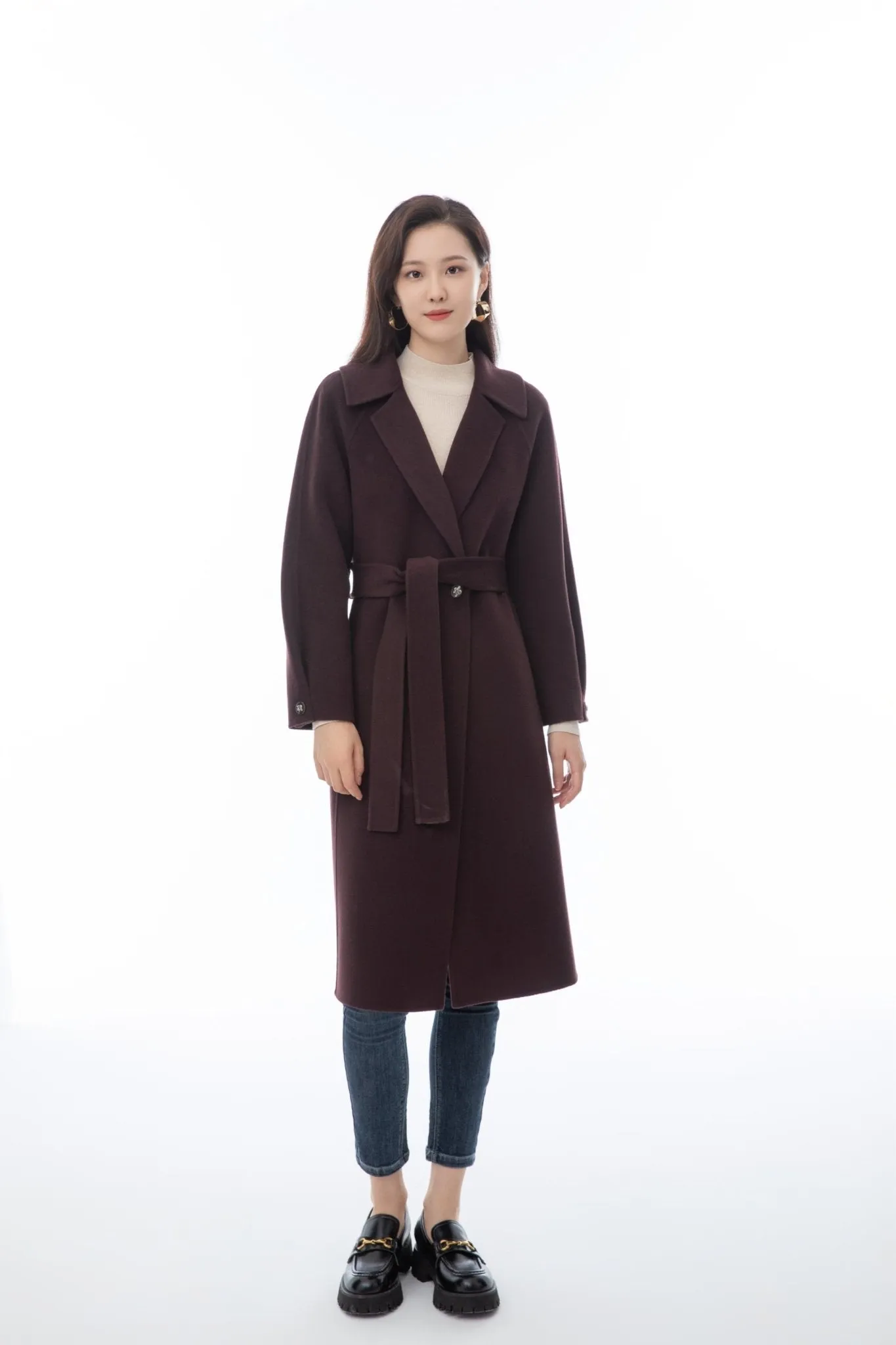 Maroon Wool Long Overcoats with Waistband