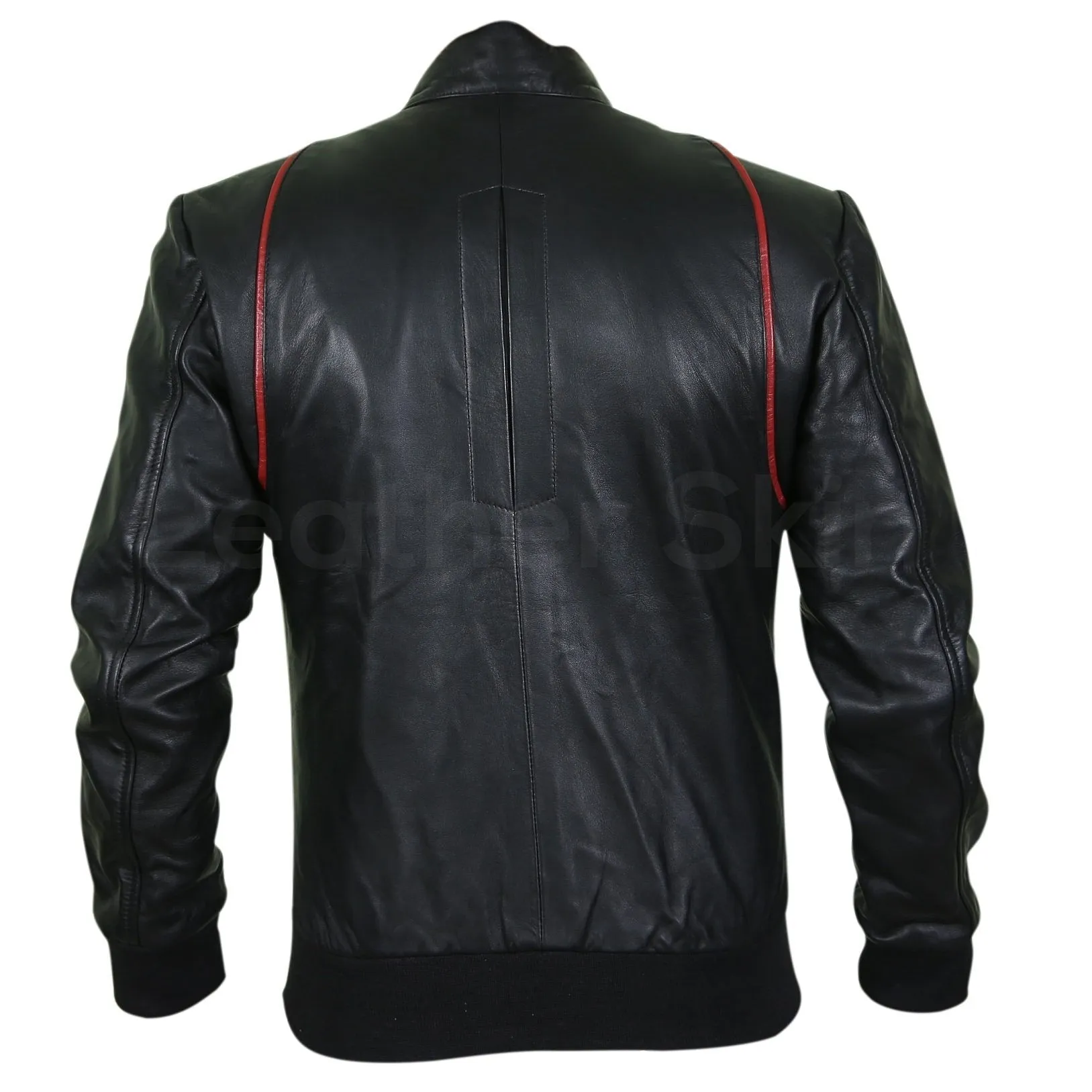 Men Black Genuine Leather jacket with Red Stripe Design