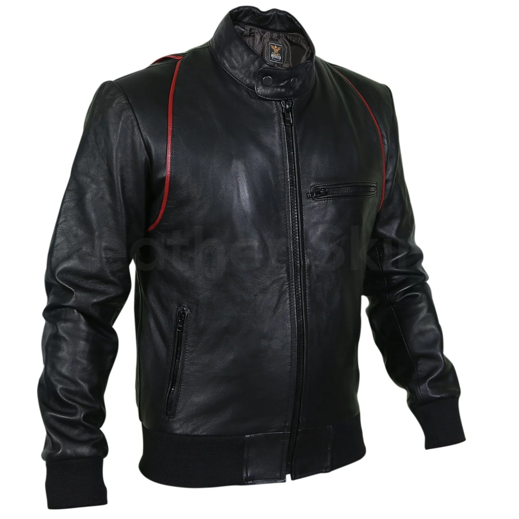 Men Black Genuine Leather jacket with Red Stripe Design