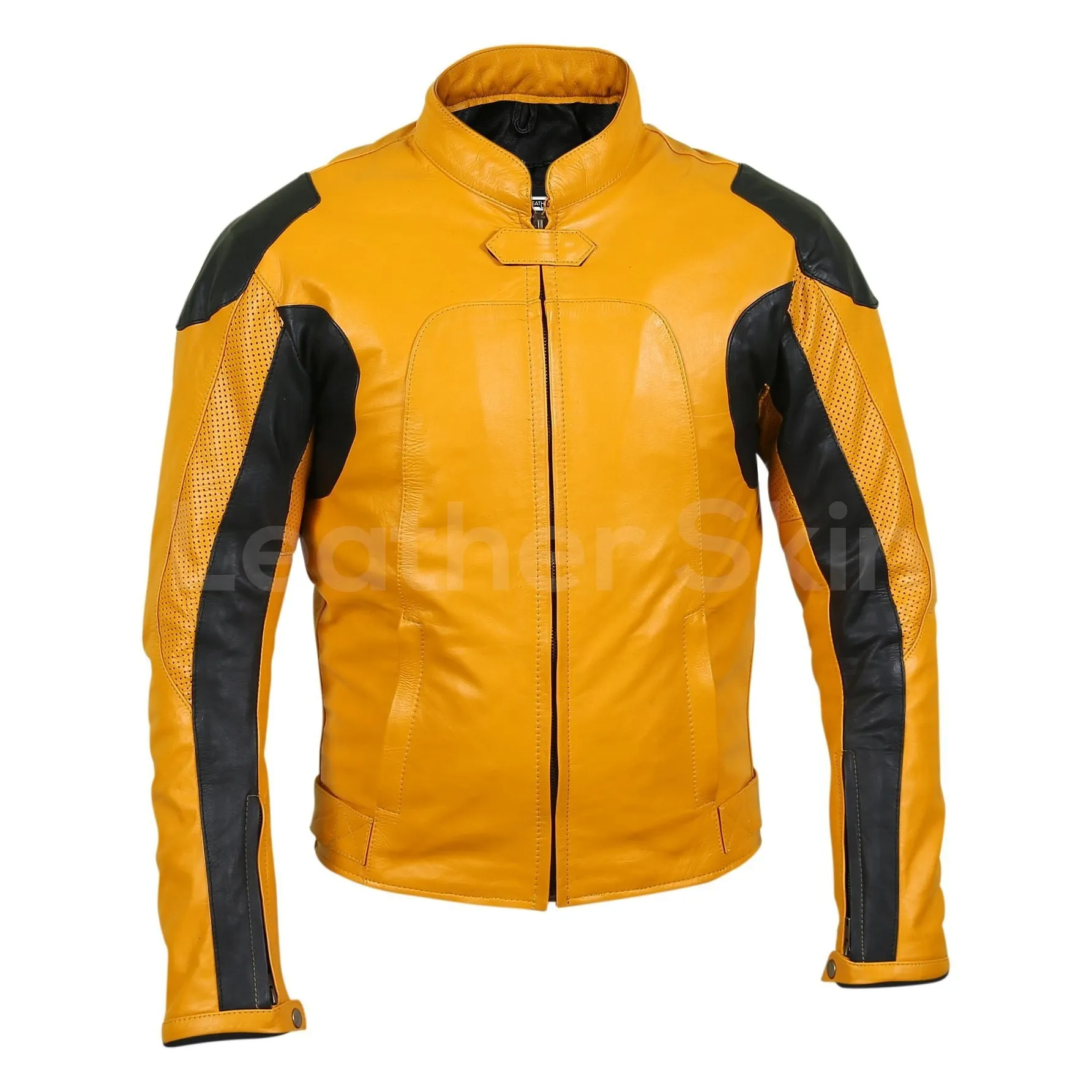 Men Yellow Biker Motorcycle Leather Jacket with Perforations