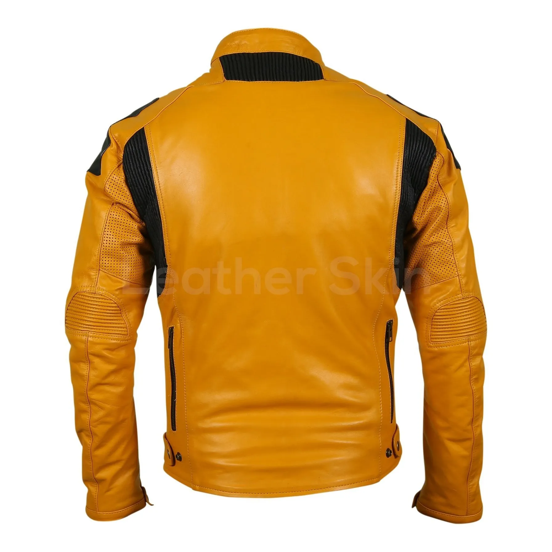 Men Yellow Biker Motorcycle Leather Jacket with Perforations