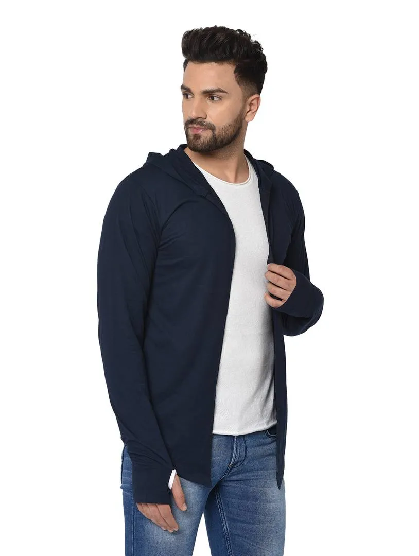 Men's Blue Polycotton Solid Long Sleeves Hooded Cardigan