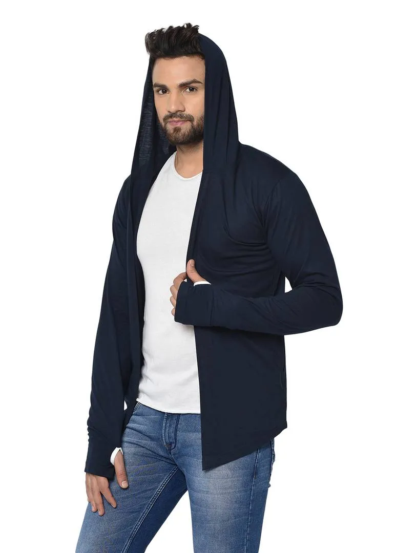 Men's Blue Polycotton Solid Long Sleeves Hooded Cardigan