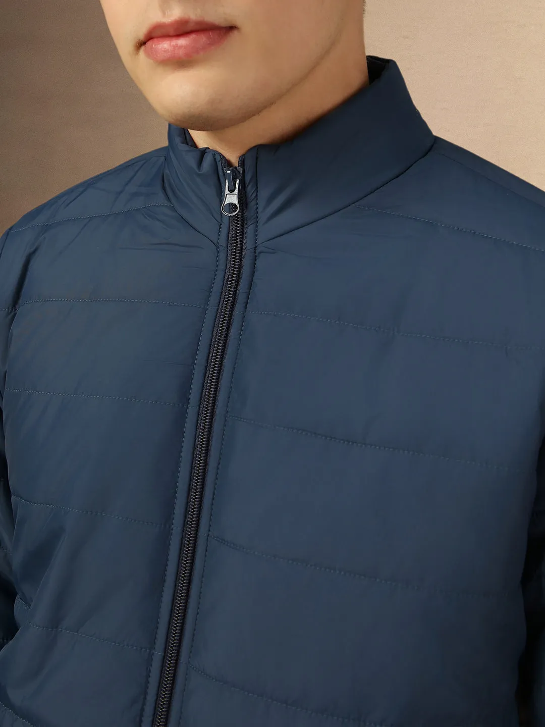 Men's Blue Solid Mock Neck Full Sleeves Regular Fit Padded Jacket