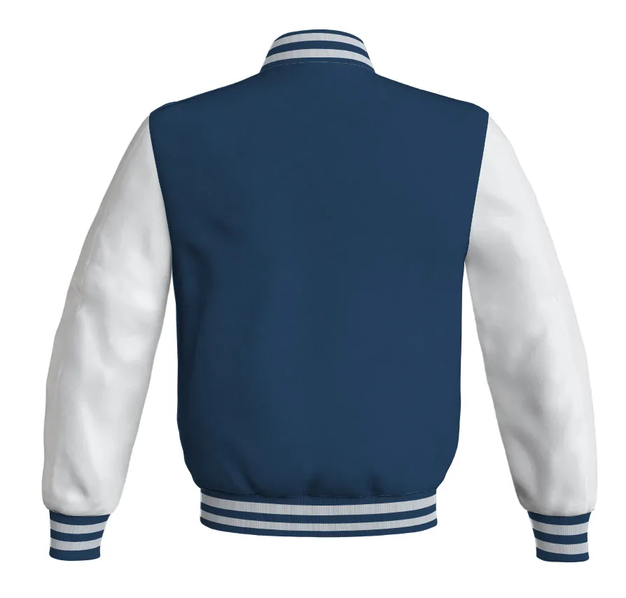 Mens Bomber Jacket Navy Blue Body and White Leather Sleeves Bomber Jacket