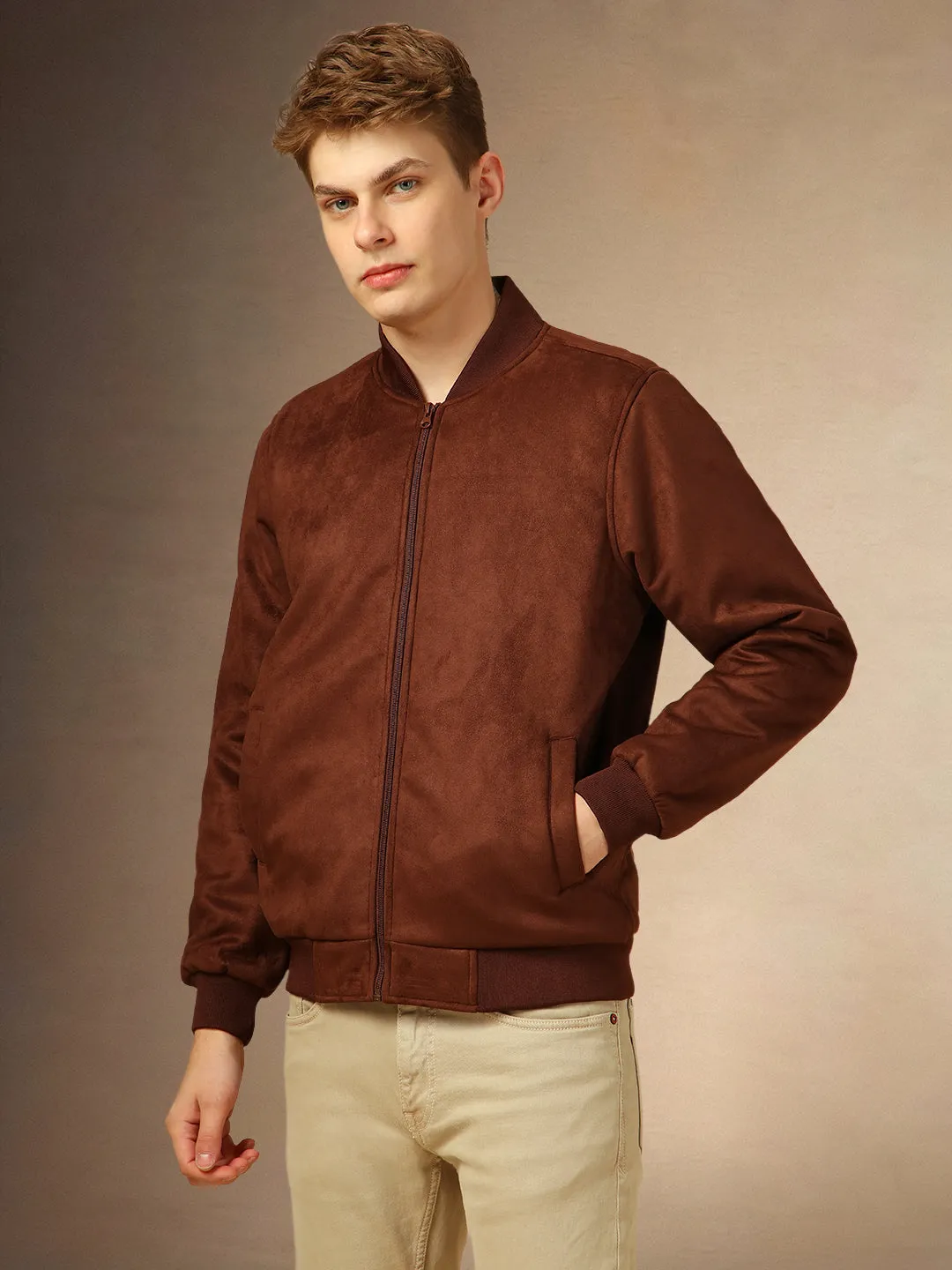 Men's Brown Solid Rib Collar Full Sleeves Suede Bomber Jacket