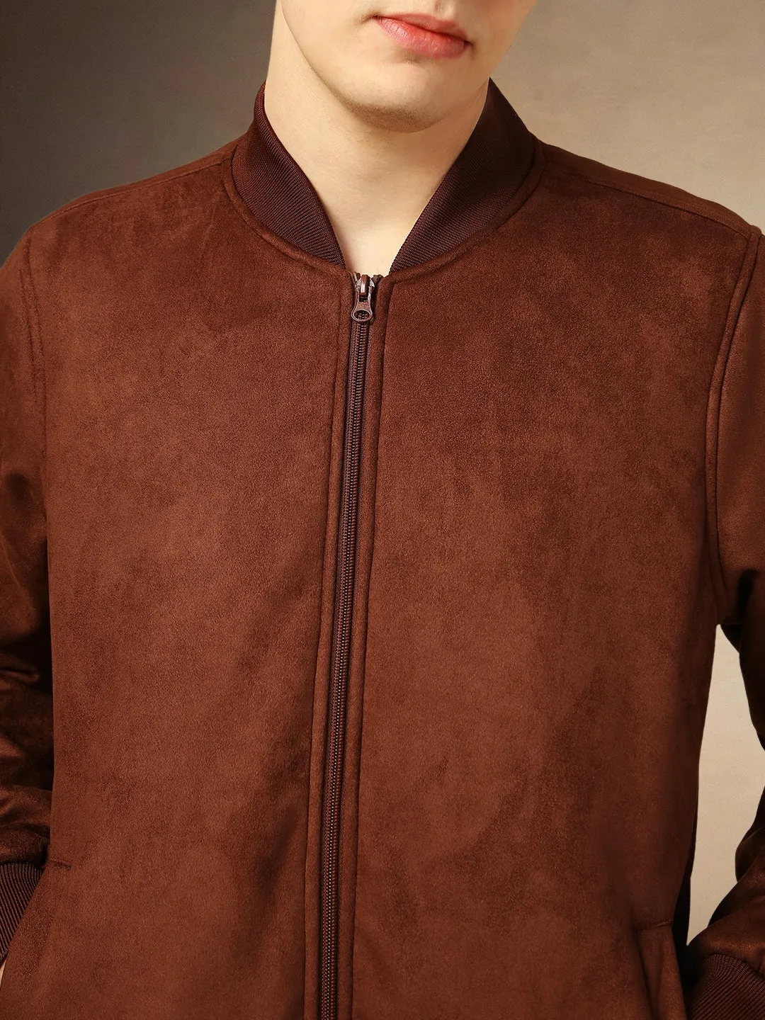 Men's Brown Solid Rib Collar Full Sleeves Suede Bomber Jacket