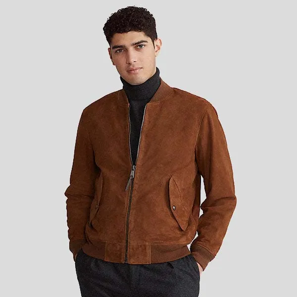 Men's Dark Brown Suede Bomber Jacket