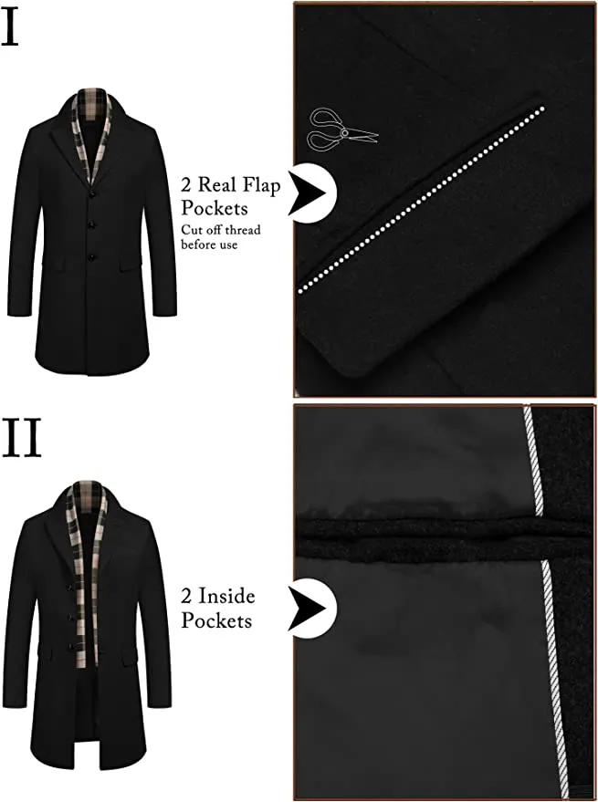 Men's Detachable Scarf Notched Collar Single Breasted Wool Blend Pea Coat