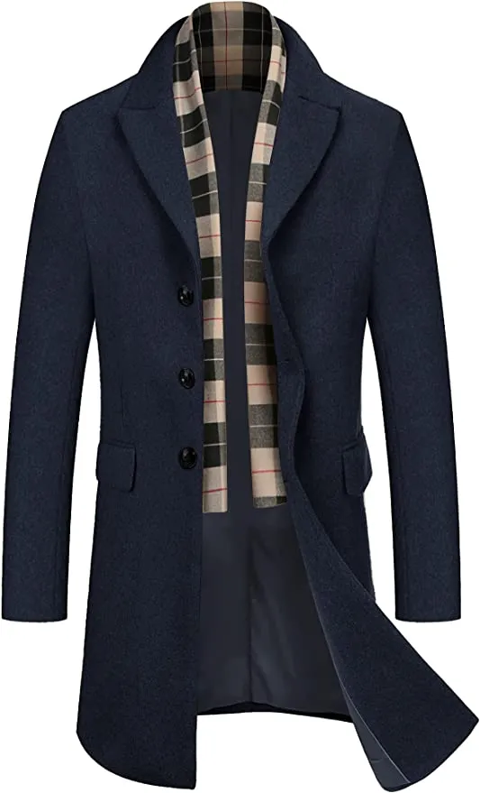 Men's Detachable Scarf Notched Collar Single Breasted Wool Blend Pea Coat